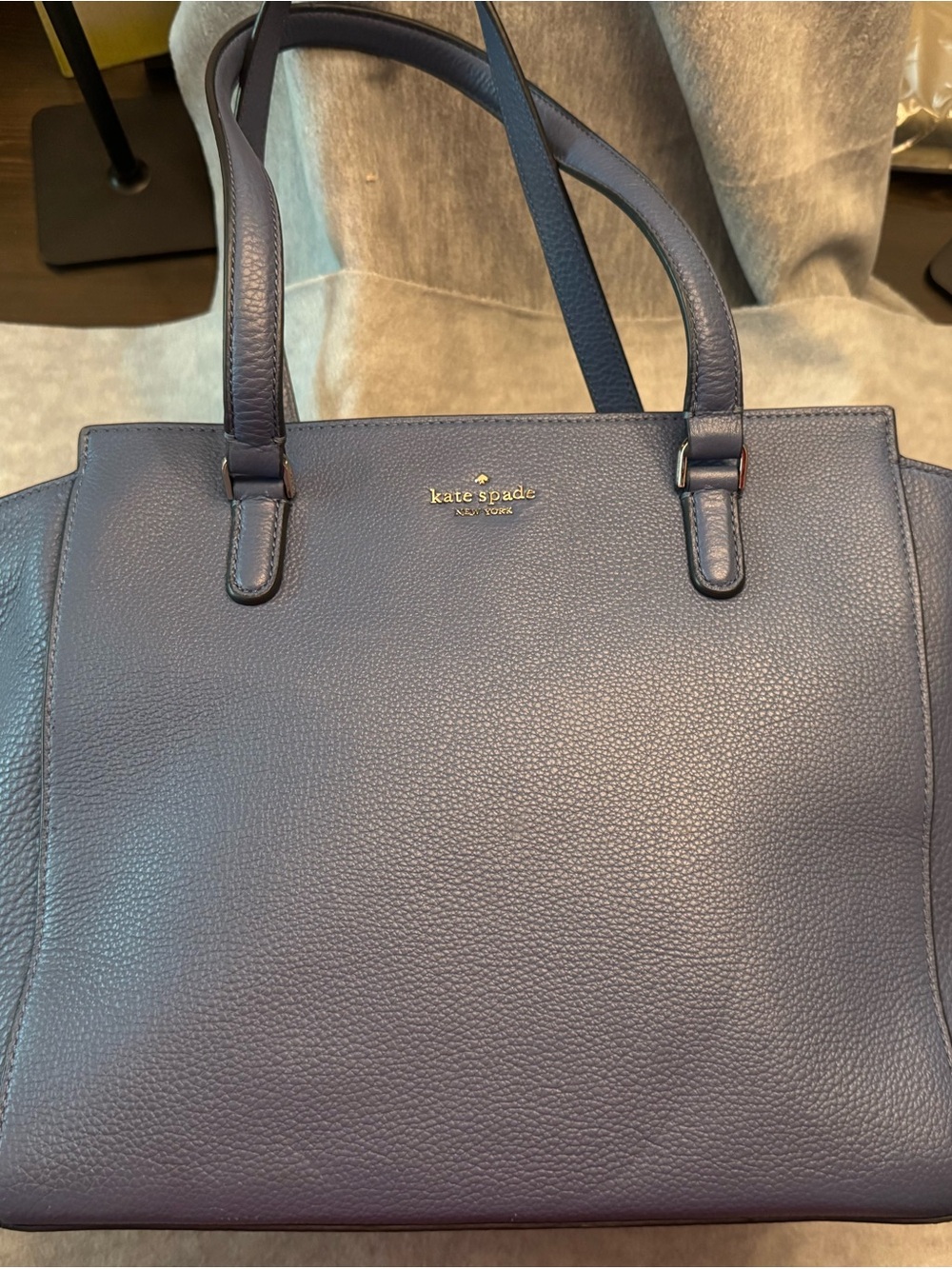 kate spade navy pebbled leather tote with gold logo 14x10x6